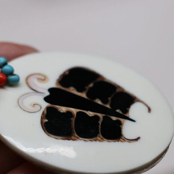 3-Strand Sead Bead Necklace with Handcut, Hand Inlay, Mother of Pearl Pendant - Picture 5 of 6